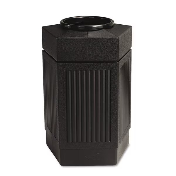 30 gal Pentagon Trash Can, Black, Top Hole, Polyethylene, Safco, Mfr#: 9485BL